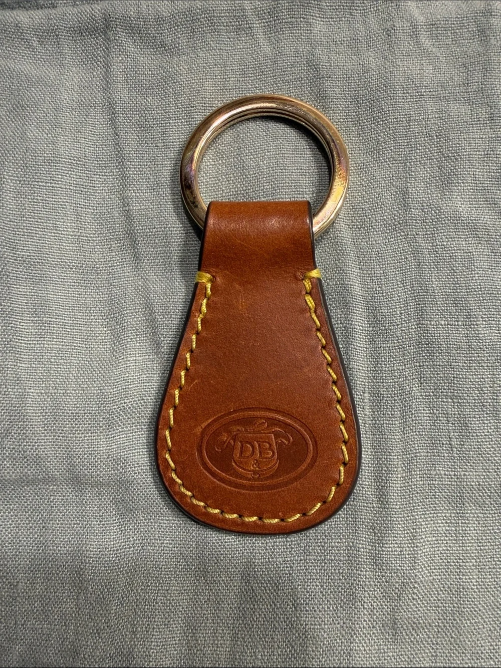 Dooney & Bourke Brown Leather Key Fob Ring with Yellow Stitching